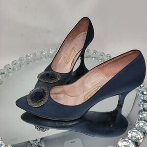 VTG Balenciaga DK Navy Saphire Blue Silver Satin Heels Womens Shoes US 7.5 50's